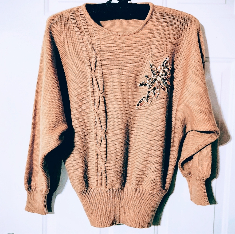 🔸🤎🔸Amazing Vtg 80's Mocha Caramel Tan Dolman Cable Knit Sequin Sweater - M/L - Picture 10 of 15